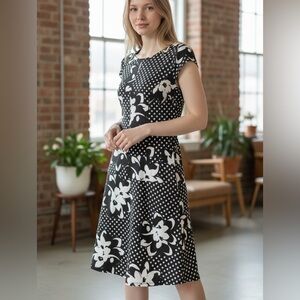 Joseph Ribkoff Black White Polka Dot Floral Dress Wedding Guest Cocktail‎ Sz 8